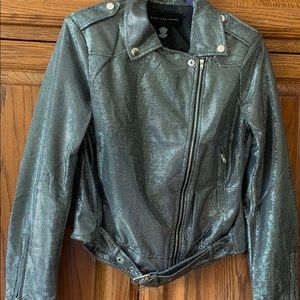 NWOT silver/black shiny moto style jacket size S